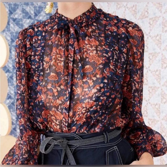 Ulla Johnson Silk Floral Long Sleeve Metallic Edith Blouse Size 2 Small Navy Top - Picture 1 of 16